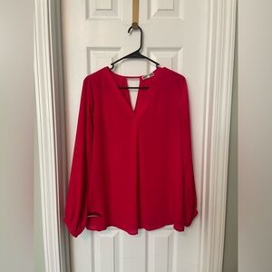 Pleione Red Women's V Neck Blouse. Long Sleeves